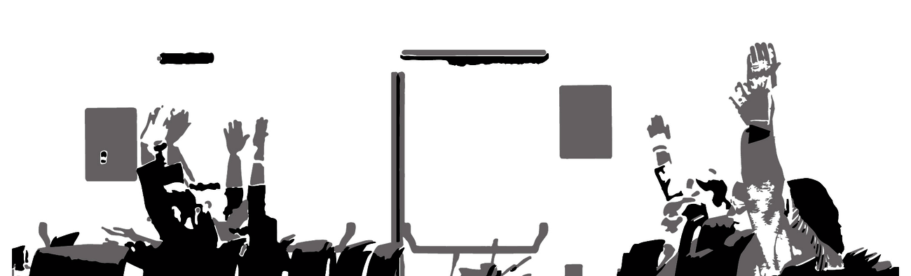 Minimalist cover graphic for “Disability Innovation Insights” by Michael Fembek. Large black text appears on a light gray background. Along the bottom, stylized high-contrast silhouettes of people seated with raised hands suggest participation, discussion, or inclusion in a conference or classroom setting.
