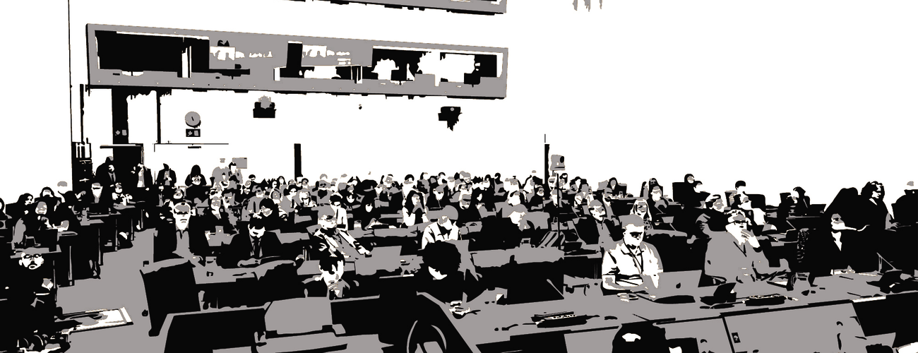 Banner for Disability Innovation Insights by Michael Fembek. Large black text on a white background reads "DISABILITY INNOVATION INSIGHTS" with "by Michael Fembek" below. Along the bottom of the banner is a stylized black, grey, and white illustration of a large audience seated at tables during a conference, many using laptops, based on a photograph from the Zero Project Conference.