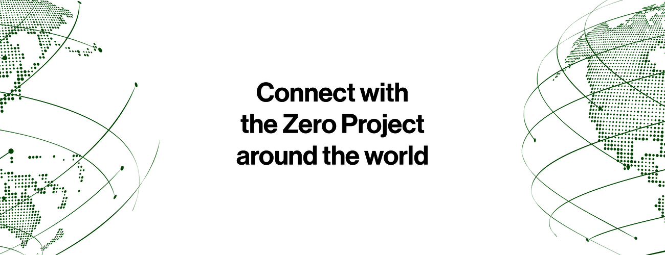 Green dotted world map graphics and curved connecting lines frame the text “Connect with the Zero Project around the World” on a white background.