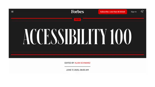 A screenshot of the Forbes website showing the words "Accessibility 100" very prominently