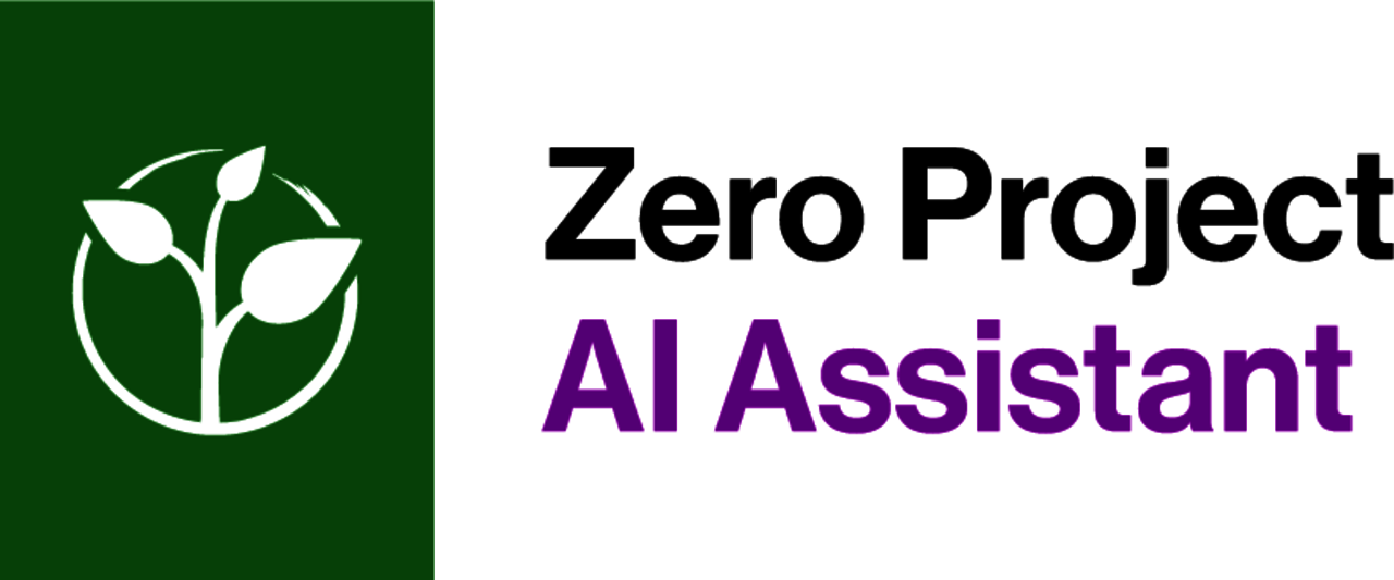 The Zero Project AI Assistant logo: the name of the tool is written in black and purple, which is a hint to the disability-inclusive nature of this AI Assistant. To its left is a dark green banner with the Zero Project plant.