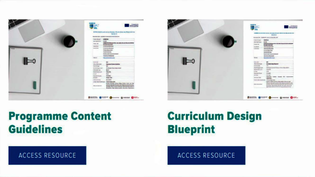 The image displays two documents laid out on a white surface, each accompanied by a digital tablet, a cup of coffee, and some office supplies. The documents are titled "Programme Content Guidelines" and "Curriculum Design Blueprint." Below each document, there is a blue button labeled "ACCESS RESOURCE," indicating that these are likely digital resources related to educational materials or guidelines. The overall theme suggests a focus on educational planning and accessibility, which aligns with values of equality and justice in education. No people are visible in the image.