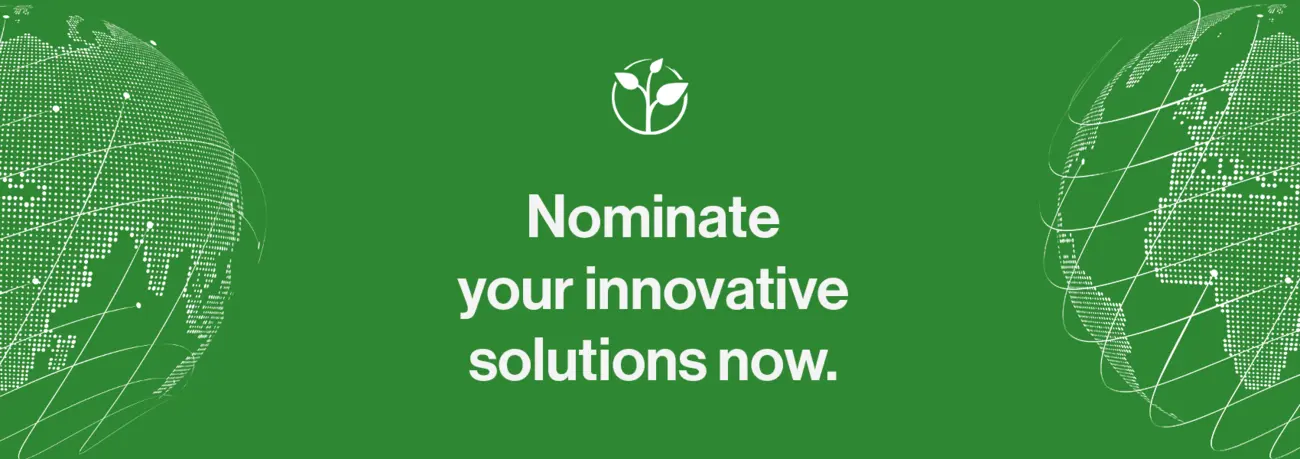 Zero Project graphic with green background and white centered text: " nominate your innovative solutions now". Above the text is placed the logo of the Zero Project: a small seedling with two leaves; and on the two sides of the visual are placed two white stylized white globes.