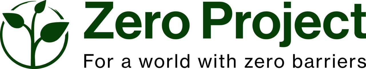 Zero Project in green font; with claim: "For a world with zero barriers", next to an illustration of a green seedling breaking through a circle