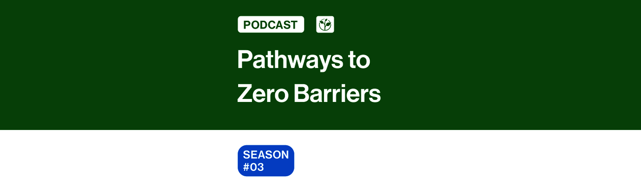 banner for the “Pathways to Zero Barriers” podcast. The design features a green upper section with the podcast title in large white text, a “PODCAST” label, and the Zero Project logo. The lower light-gray section includes a blue badge reading “SEASON #03.” The layout is clean and centered with strong color contrast.