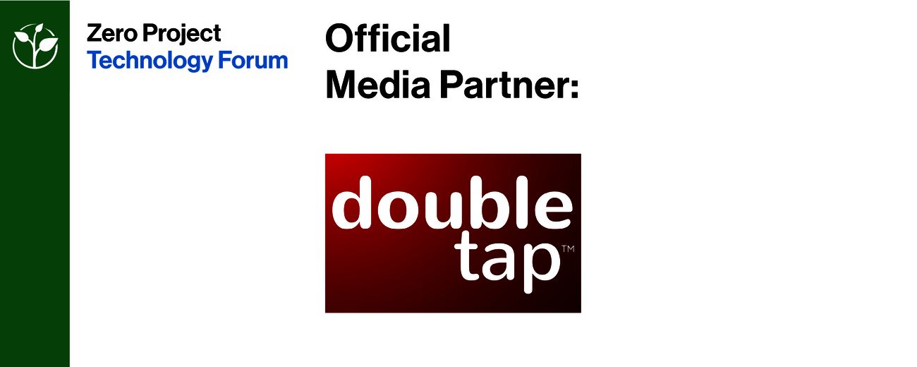 Graphic announcing a new media partnership for the Zero Project Technology Forum. The image features the Zero Project Technology Forum logo on the left, the red Double Tap logo centered, and large black text below reading: “New media partner!” on a light gray background.