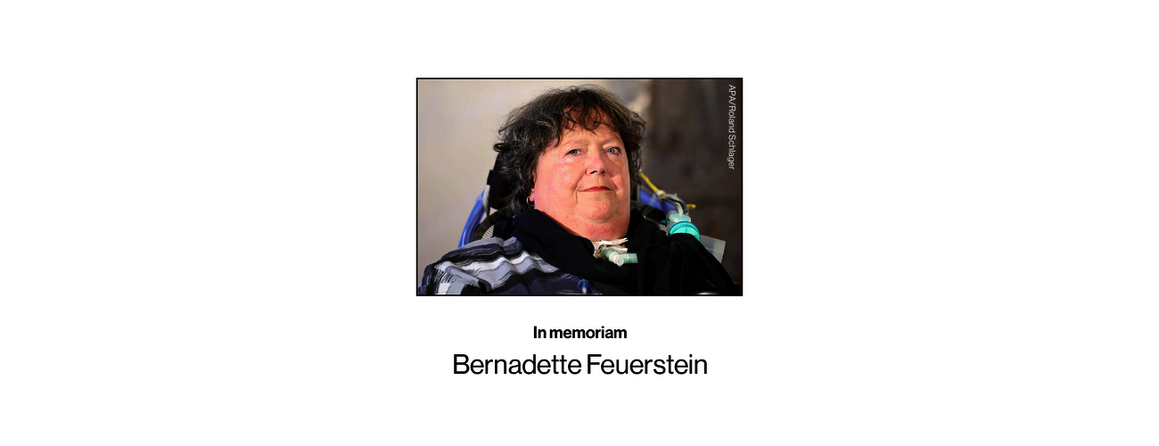 A portrait photo of Bernadette in a black frame, followed by the words "in Memoriam Bernadette Feuerstein".