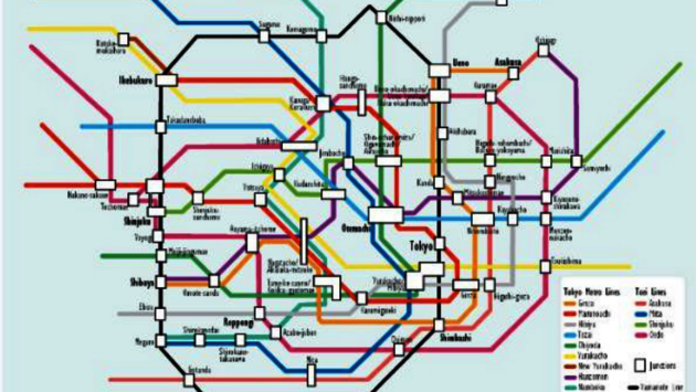 The image displays a complex subway map, with various lines in different colors intersecting and weaving through numerous stations. The central focus is on Tokyo, indicating this is likely a map of the Tokyo Metro system. The routes are labeled with station names, some of which may be familiar to those who have visited or studied the area. The map exemplifies organization and connectivity, essential for a city's accessibility and inclusivity, allowing residents and visitors alike to navigate the urban environment efficiently.