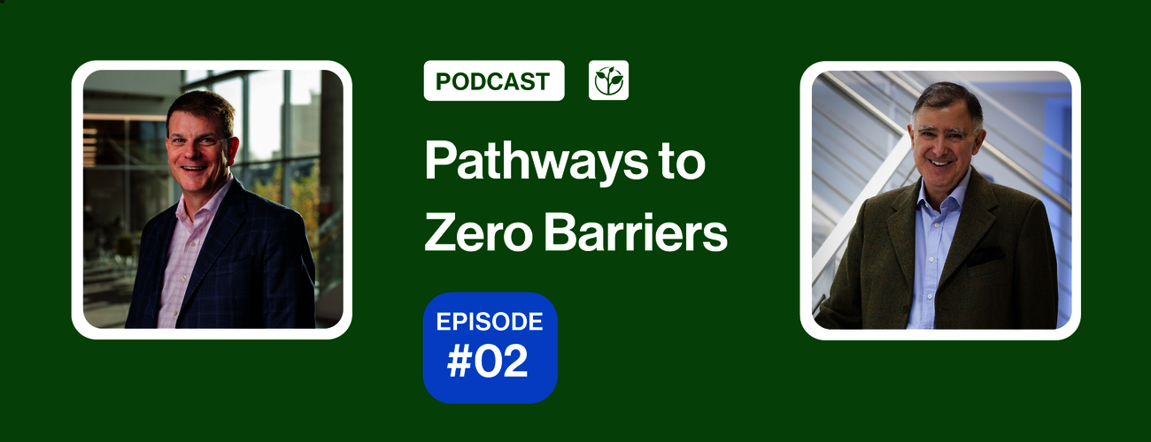 Promotional graphic for Pathways to Zero Barriers Episode #02. The design features a green background with the podcast title, the Zero Project logo, and portraits of host Tom Butcher and guest David Betts, with a blue "Episode #02" badge in the center.