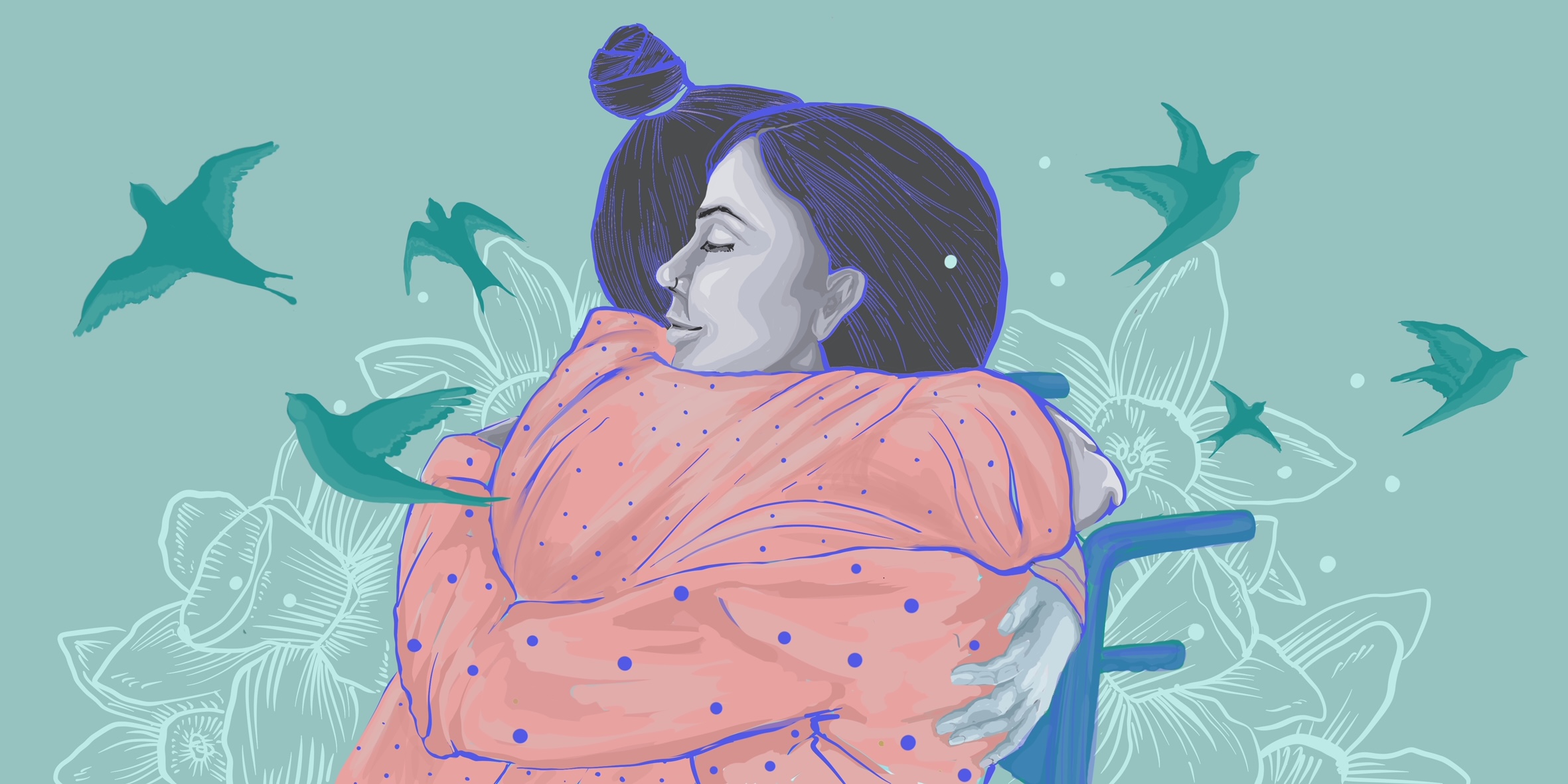 An artistic mural is pictured. In it, two women are pictured hugging each other. The woman on the right is seated in a wheelchair. Both women are wearing sweaters with varying sized of polka dots, which are blue. The sweaters are coral colored. The background is turquoise and birds are seen flying left and right.