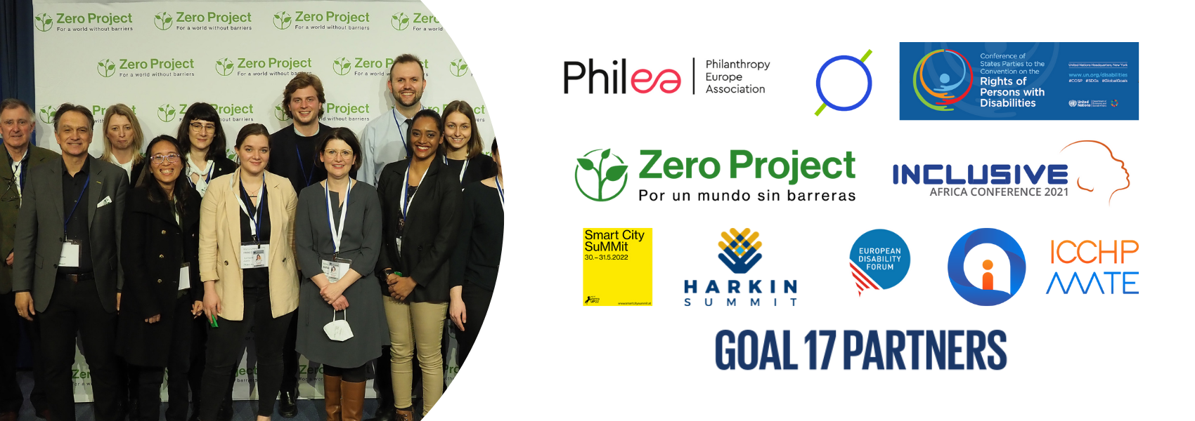 Photo of the Zero Project Team next to the logos of all the events mentioned in the blog post.