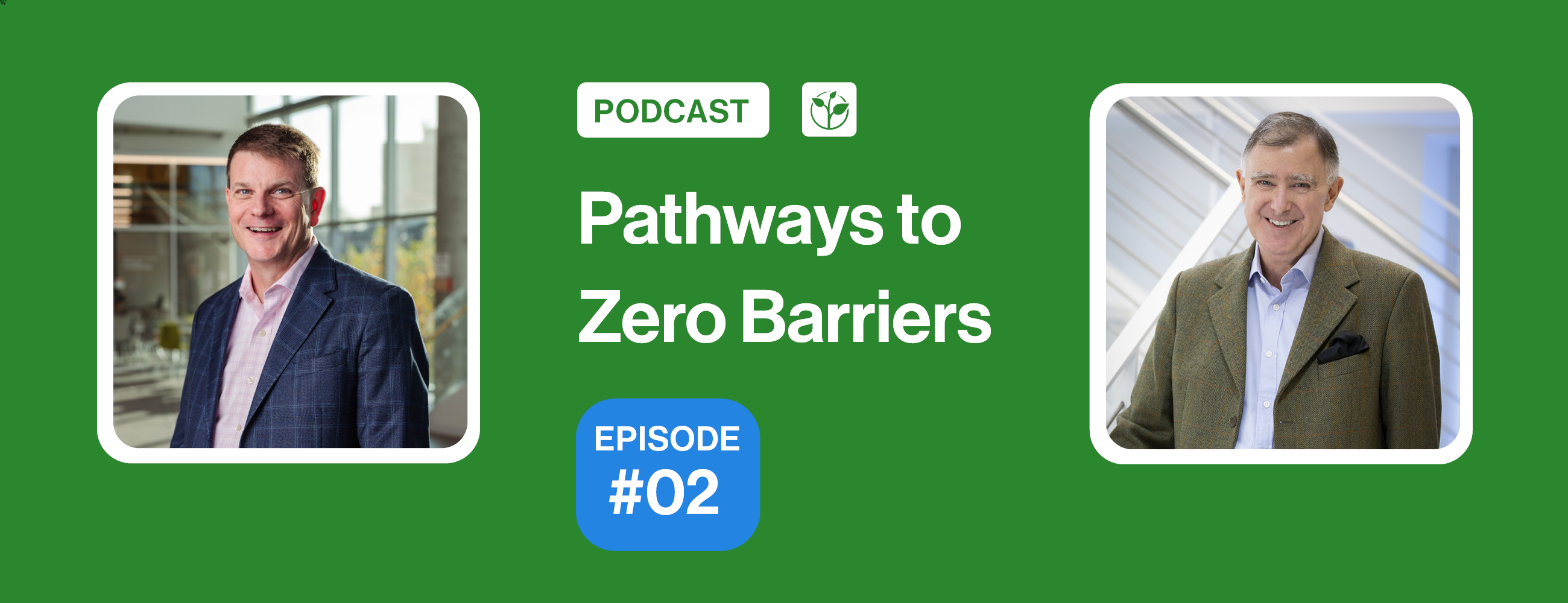 Promotional graphic for Pathways to Zero Barriers Episode #02. The design features a green background with the podcast title, the Zero Project logo, and portraits of host Tom Butcher and guest David Betts, with a blue "Episode #02" badge in the center.