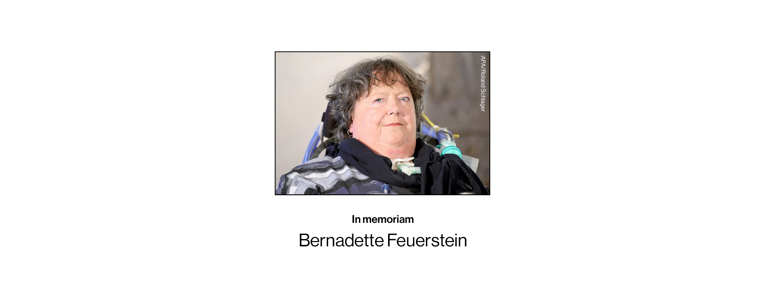 A portrait photo of Bernadette in a black frame, followed by the words "in Memoriam Bernadette Feuerstein".