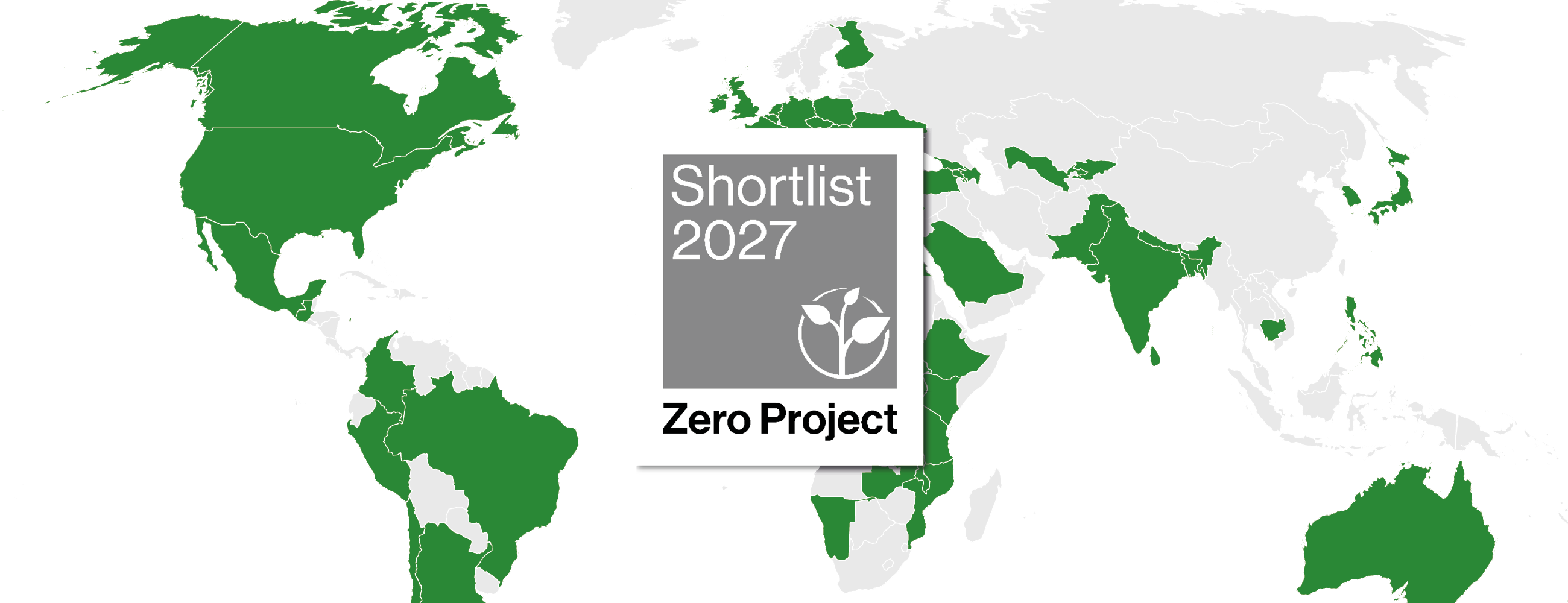 A world map where countries with shortlisted solutions are highlighted. The Shortlist badge is positioned in the centre of the picture.