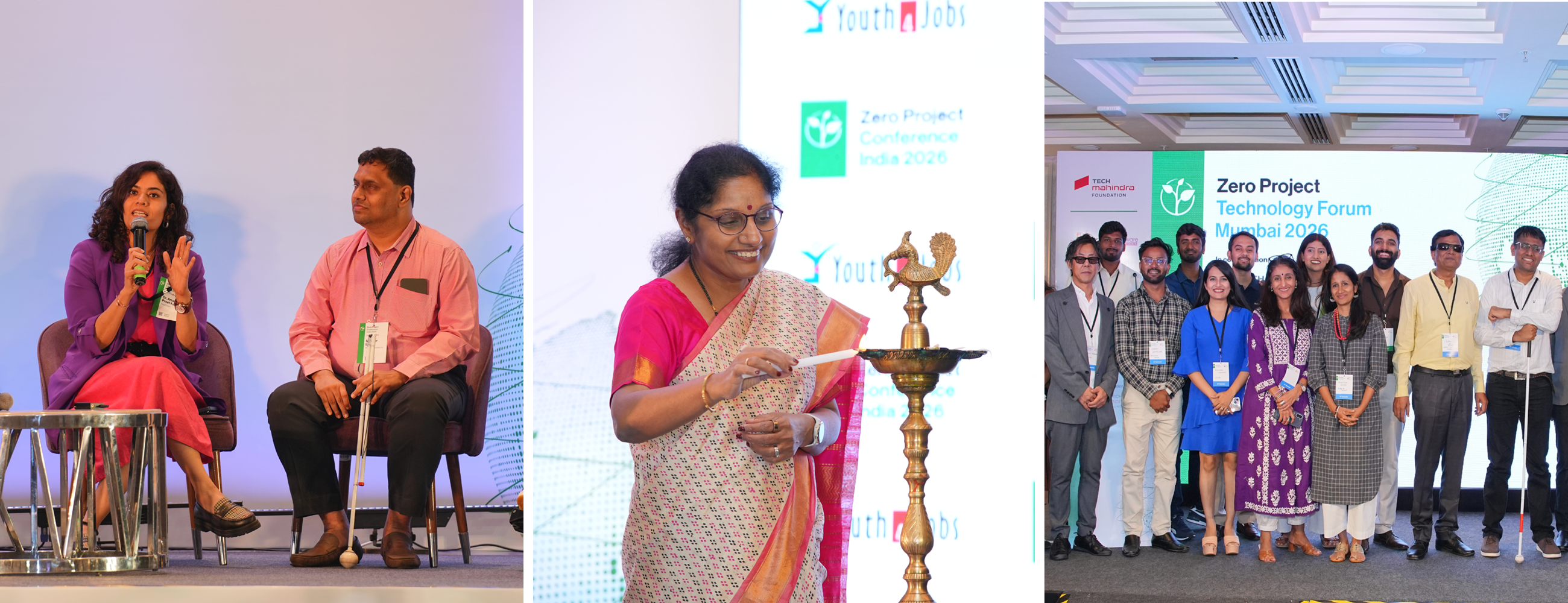 Three photographs from the Zero Project events in Mumbai 2026. Left: Two speakers participate in a panel discussion at the Zero Project Conference India, with a woman speaking into a microphone and a man holding a white cane seated beside her. Centre: A woman in a pink and white saree lights a traditional ceremonial lamp during the opening ceremony of the Zero Project Conference India 2026. Right: A group of participants pose for a photograph on stage at the Zero Project Technology Forum Mumbai 2026, with the event branding displayed behind them.