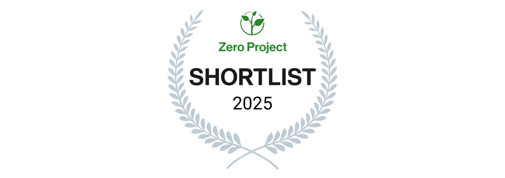 This is the Zero Project Shortlist Badge of 2025. A grey wreath surrounds the Zero Project logo and the text "Zero Project Shortlist 2025"