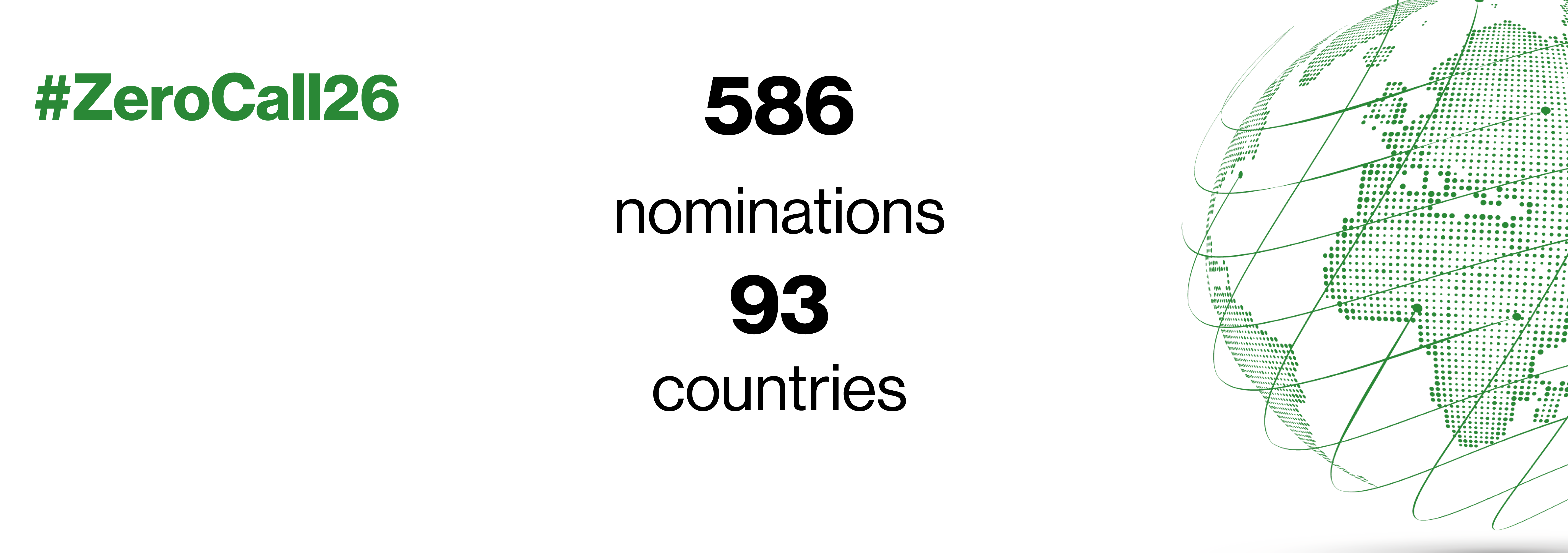The official #ZeroCall26 nomination numbers (586 nominations from 93 countries) next to the illustrations of a globe with lines connecting dots all around, which symbolizes the global network.