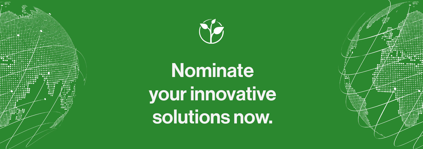Zero Project graphic with green background and white centered text: " nominate your innovative solutions now". Above the text is placed the logo of the Zero Project: a small seedling with two leaves; and on the two sides of the visual are placed two white stylized white globes.