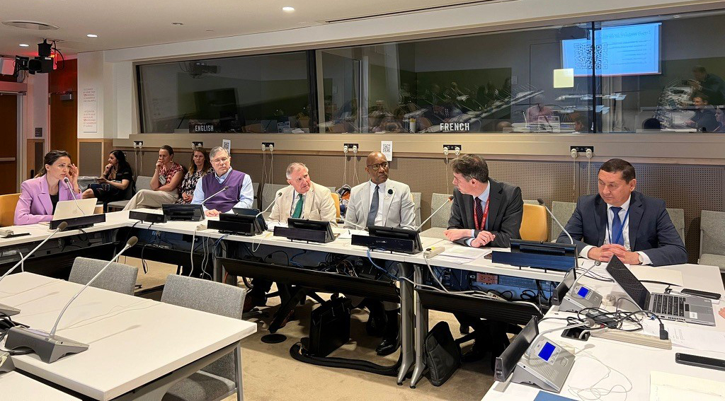 A panel of six individuals seated at a conference table during a session at COSP18 (18th Conference of States Parties to the CRPD) in New York. The participants are engaged in discussion, with laptops and microphones in front of them. Behind the panel, interpreters can be seen through a glass wall in booths labeled "ENGLISH" and "FRENCH". Attendees are also seated in the background, listening to the session.
