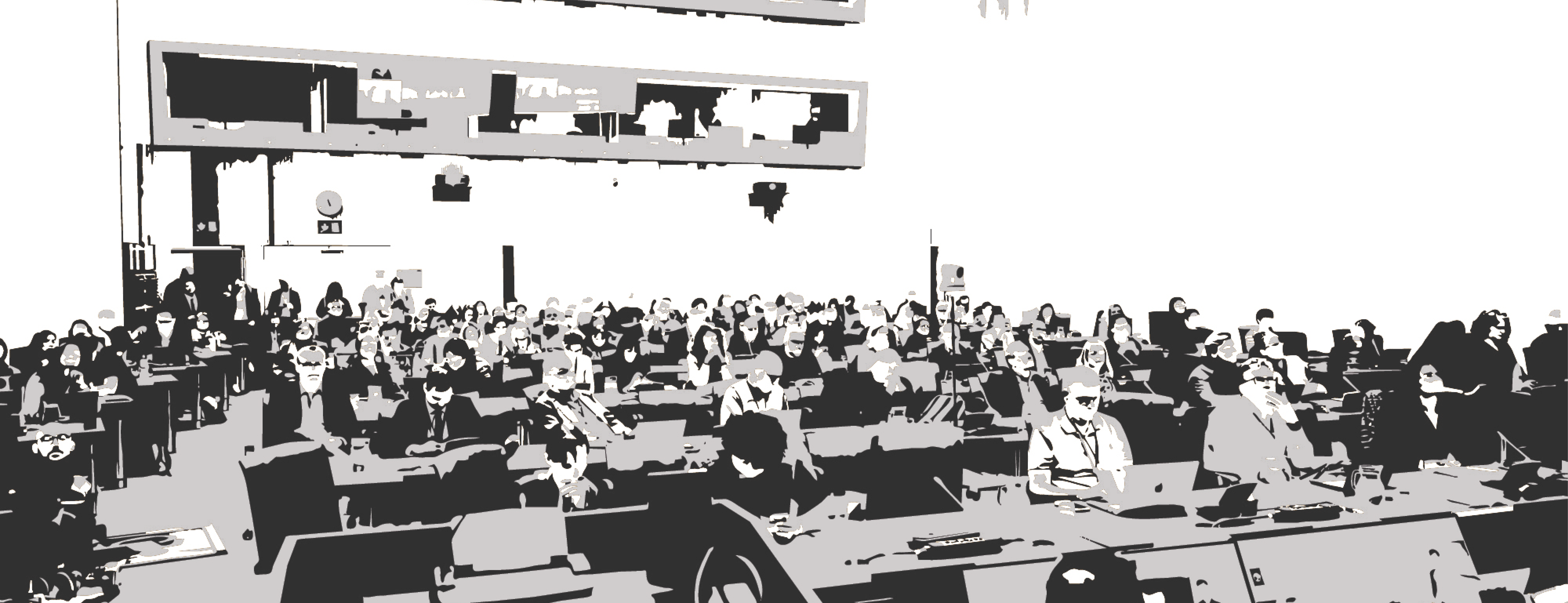 Banner for Disability Innovation Insights by Michael Fembek. Large black text on a white background reads "DISABILITY INNOVATION INSIGHTS" with "by Michael Fembek" below. Along the bottom of the banner is a stylized black, grey, and white illustration of a large audience seated at tables during a conference, many using laptops, based on a photograph from the Zero Project Conference.